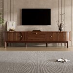 Meuble tv 170 cm noyer portes coulissantes 2 tiroirs angles arrondis mdf