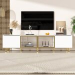 Meuble tv 170 cm ? style minimaliste blanc pose libre et fixation murale 4 portes (dont 2 vitr�es) id�al ...