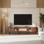 Meuble tv 170cm - ambiance - bois massif & rotin - portes coulissantes - noyer & beige - style naturel ...