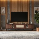 Meuble tv 170cm - bois massif & rotin - portes coulissantes - noyer & beige - style naturel rustique ...