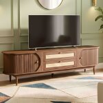 Meuble tv 170cm - portes coulissantes - tiroirs rotin naturel - style boh�me - mdf et bois massif - couleur ...