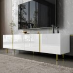 Meuble tv 170x35x46 cm - 4 portes design �pur� - mdf laqu� blanc avec accents dor�s