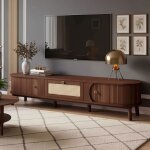 Meuble tv 170x39. 5x38cm - 2 portes coulissantes & tiroirs rotin - style boh�me chic - bois massif et ...