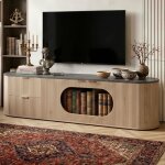 Meuble tv 172cm - design 3d & vitrine ovale - rangement multi - zone - mdf bois & marbre
