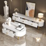 Modenuit ensemble meuble tv et table basse avec tiroirs bords arrondis poign�es et pieds dor�s blanc