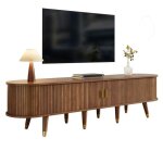 Meuble tv 175cm - avec porte coulissante en rotinaspect noyer - rangement meuble tv avec compartiments ...