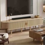 Meuble tv 175x38x45cm - porte coulissante - rangement flex - d�tails dor�s - style scandinave rustique ...