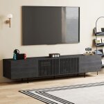 Meuble tv 180 cm pour tv 75 meuble bas noir avec portes � lattes grand rangement polyvalent pour salon ...