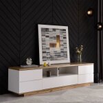 Meuble tv 180 cm blanc bois vein� design grille 5 portes cloisons ouvertes moderne facile � monter salon ...