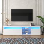 Meuble tv 180 cm blanc brillant avec led multicolore rangement 3 portes panneau verre style moderne salon ...