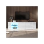 Meuble tv 180 cm blanc laqu� led int�gr�e 3 portes et niches s�paration en verre tremp�