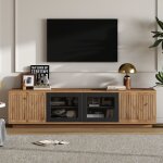 Meuble tv 180 cm led app portes verre tremp� bois naturel & noir pour tv 75