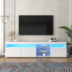 Meuble tv 180 x 35 x 48 cm avec �clairage led - merax - banc tv blanc haut brillant et verre - pour salon ...