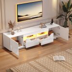 Meuble tv 180 x 40 x 45 cm pour tv 75 pouces - 2 tiroirs 2 placards 2 niches ouvertes laqu� blanc led ...