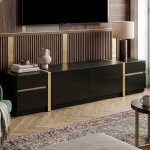 Meuble tv 180cm - laqu� haute brillance - 4 tiroirs & 2 portes - chic italien - noir & or