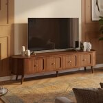 Meuble tv 180x38x47cm - 4 portes rabattables - design vintage arrondi - rangement spacieux - couleur ...