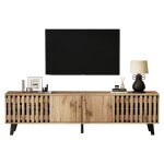 Meuble tv 180x40x55 cm bois naturel lowboard 8 compartiments meuble t�l�vision support pour �cran jusqu?� ...