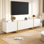 Meuble tv 190 cm design blanc et or - 3 portes et 2 tiroirs avec finition bois naturel - rangement �l�gant ...