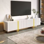Meuble tv 190 cm avec finitions dor�es et imitation bois 3 portes 2 tiroirs meuble tv bois blanc