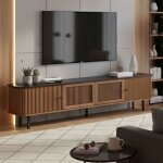 Meuble tv 190x35x45cm - 2 portes coulissantes - design rainur� vintage - grande capacit� - aspect noyer ...