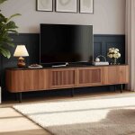 Meuble tv 190x35x45cm - 4 portes - design scandinave - coins arrondis - ventilation gaze - mdf & m�tal ...