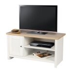 Meuble tv avec 2 niches et 1 porte design colonial ? 95x40xh49 cm coloris blanc et plateau chêne clair ... Meuble tv avec 2 niches et 1 porte design colonial ? 95x40xh49 cm coloris blanc et plateau chêne clair ...