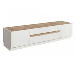 Meuble tv 2 portes 2 tiroirs laqu� blanc plateau et d�tail fa�ade aspect bois finition cadiz - fanasy ...
