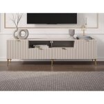 Meuble tv avec 2 portes, 2 tiroirs et 2 niches en mdf et acier - beige et dor - yesinia