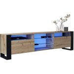 Meuble tv 200 cm lovy led chene mat et porte chene - style industriel