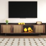 Meuble tv 200 cm ? noyer / noir ? led ? portes verre ? texture sculpt�e ? 35x53 cm