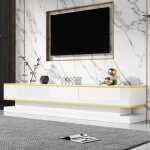 Meuble tv 200 cm - pour t�l�viseur de 80 - blanc avec bord dor� - 3 tiroirs - brillant - meuble tv moderne ...