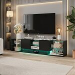 Meuble tv 200cm - ambiance - noir haute brillance - led bluetooth app - effet flottant - �tag�res verre ...