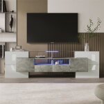 Meuble tv - design moderne - 200x30x60. 7cm - clairage led - surface en verre - blanc et gris