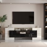 Meuble tv 200x35x60 cm avec led 6 portes 2 tiroirs surface verre pour grand �cran blanc et noir brillant ...