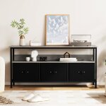 Meuble tv 3 tiroirs en tissu 120 x 30 x 57 cm console tv en bois et m�tal support tv noir