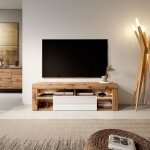 Meuble tv / banc tv - bianko - 140 cm - chne lancaster / blanc brillant - avec led - style moderne - ...