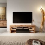 Meuble tv / banc tv - bianko - 140 cm - chne lancaster / noir brillant - avec led - style moderne - ...