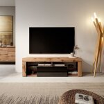 Meuble tv / banc tv - bianko - 140 cm - chne lancaster / noir brillant - sans led - style moderne - ...