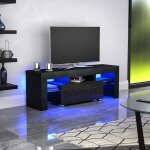 Meuble tv / banc tv - dripex - h 130 cm - noir mat avec led - style moderne - tablette en verre
