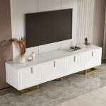 Meuble tv bas 160x38x44. 5 cm 4 portes textur�e rangement pieds dor� panneaux de particules blanc