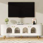 Meuble tv bas 170x35x55cm - design scandinave blanc avec portes en verre et d�tails dor�s - blanc et ...