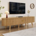 Meuble tv bas - 175 cm - rotin et bois - porte coulissante - buffet t�l�vision - style rustique