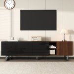 Meuble tv bas 180 cm noir brillant meuble tv � 4 portes et aspect bois meuble tv avec cadre m�tallique ...