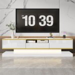 Meuble tv bas 180x38x45cm - design moderne blanc laqu� avec led multicolores et d�tails dor�s - blanc ...