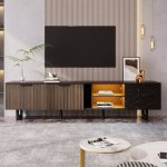 Meuble tv bas 200 cm bois et noir effet marbre avec led 2 tiroirs et 2 portes 200 x 38 x 50 cm