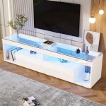 Meuble tv bas blanc avec led et verre tremp� console t�l�vision � 2 tiroirs pour tv jusqu?� 70 pouces ...