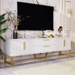 Meuble tv bas laqu� haute brillance mdf 4 portes & 2 tiroirs blanc et dor� 170x40x535 cm