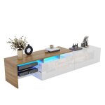 Meuble tv bas - meuble moderne blanc laqu� avec led et �tag�res en verre 170x33x335 cm - blanc