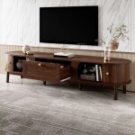 Meuble tv - meuble tv bas portes coulissantes et poign�es dor�es angles arrondis mdf noyer