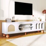 Meuble tv meuble bas avec porte imitation rotin porte coulissante en verre pieds en bois massif 170 x ...